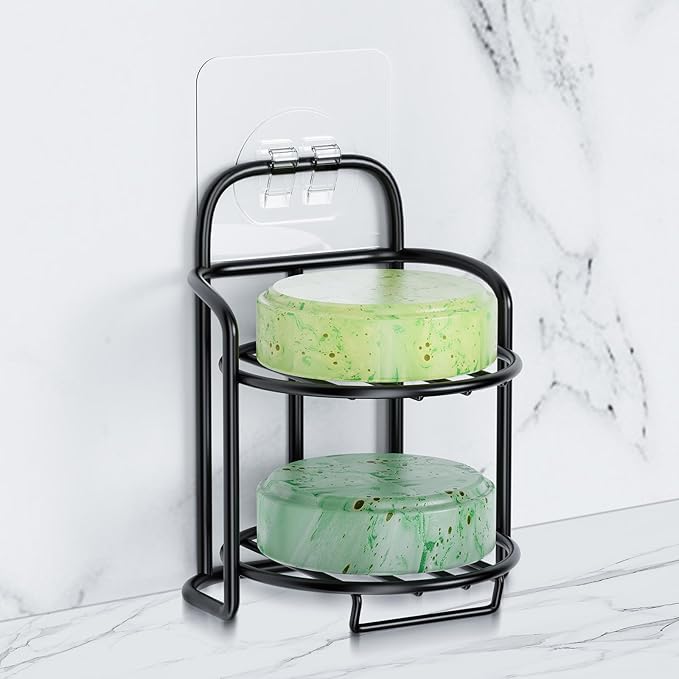 2-Tier Shower Soap Shampoo Bar Holder, Self Adhesive & Freestanding Draining Soap Dish Caddy for Bathroom Wall Accesories Decor Black-VivaGrace Women