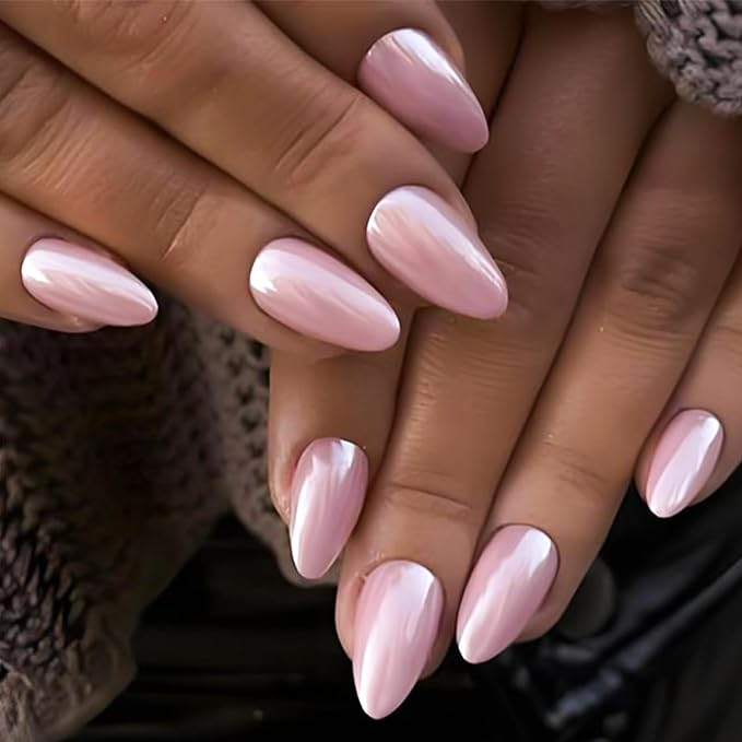 Pink Chrome Press on Nails Almond Medium Fake Nails with Designs Full Cover False Nails Glossy Glue on Nails for Women and Girls