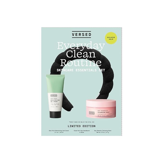 Versed Everyday Clean Routine Travel Essentials 3-Piece Skincare Set - Dew Point Gel Cream (2 fl oz), Good Hair Day Black Headband & Day Dissolve Cleansing Balm (2.3 oz) - Non-Toxic + Vegan-VivaGrace Women