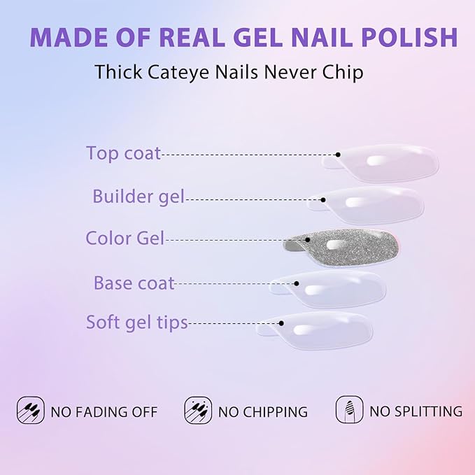 KQueenest Thick Cat Eye Gel Nails Press ons, Glitter Press on Nails Short Square, Sparkle Bling Fake Acrylic Nails Glue on Short, Shiny Cute Small False Nails Design for Manicure 30 Pcs, Dark Grey