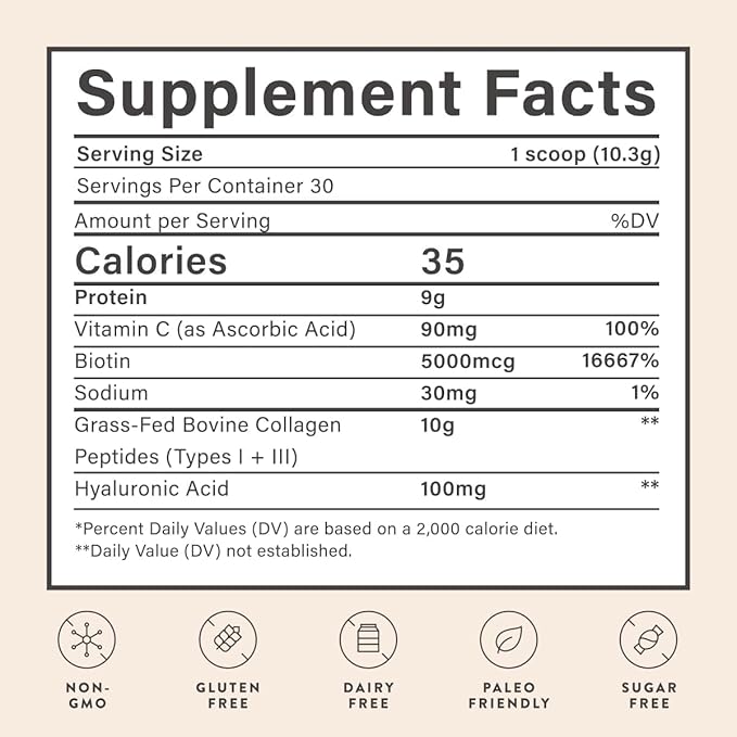 Beam Collagen Powder, Collagen for Women, Collagen with Hyaluronic Acid, Collagen Peptides Type 1 and 3, with Biotin, Grass Fed Bovine, Third-Party Tested, Best for Coffee, Vitamin C, 60 Servings-VivaGrace Women