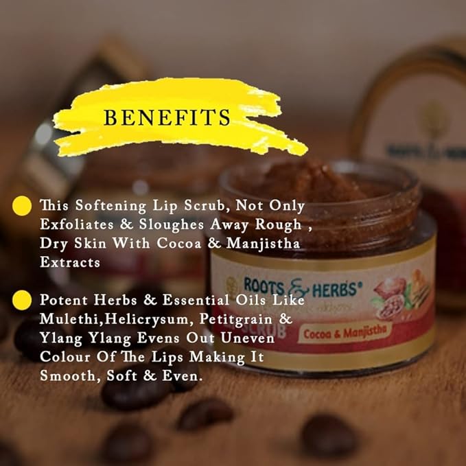 ROOTS AND HERBS Ayurvedic Cacao & Manjistha Cane Sugar Lip Scrub 100% Vegan, No-Paraben, No-SLS, No-Sulphate & Natural Treatment Exfoliator for Dark, Dry, Chapped Smooth & Brighter Lips (15gm/0.53oz)-VivaGrace Women