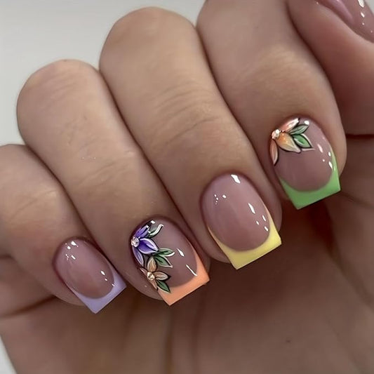 French Tip Press-on Nails: Short Square Fake Nails with Cute Flower Designs, Acrylic, Gloss Finish - Spring Colors Set for Women's Manicure