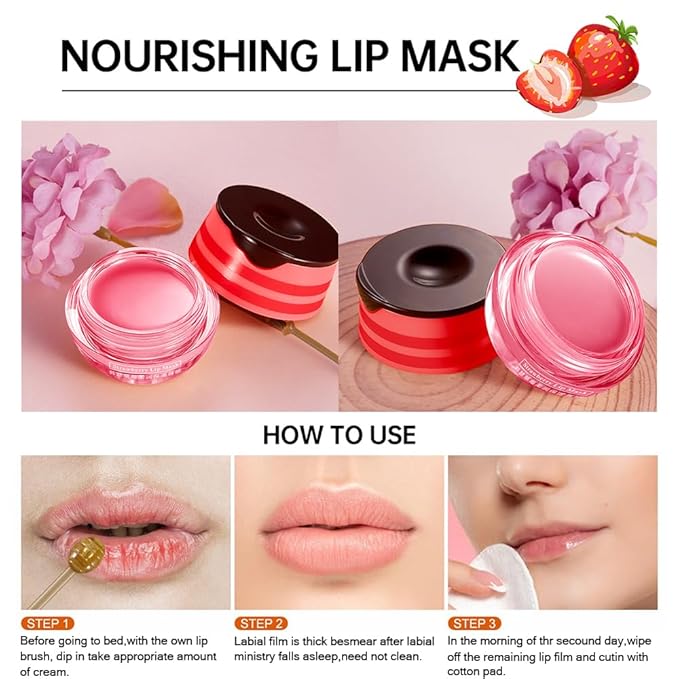 2PCS Strawberry Pot Lip Balm with Brush,Lip Exfoliating Balm Sleeping Lip Mask,Hydrating Prevention Dry and Cracked Lip Scrubs Exfoliato Lip Sleeping Mask Reduces Lip Lines Lip Care Products-VivaGrace Women