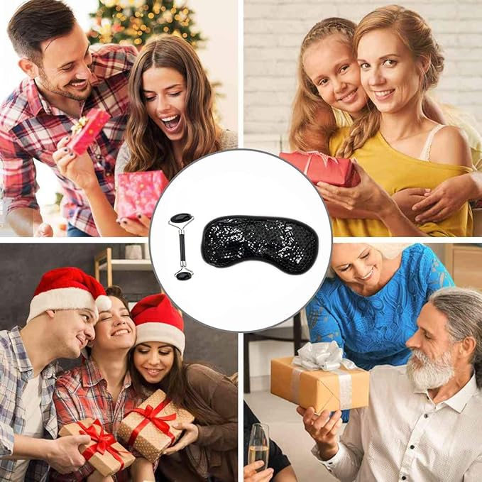 Eye Mask Set (2packs) - Hot and Code Eye Mask and Facial Roller Tools Set 100% Natural Jade Stone Beauty Massage Body Eyes Neck for Dark Circles and Puffiness-Color Black-VivaGrace Women