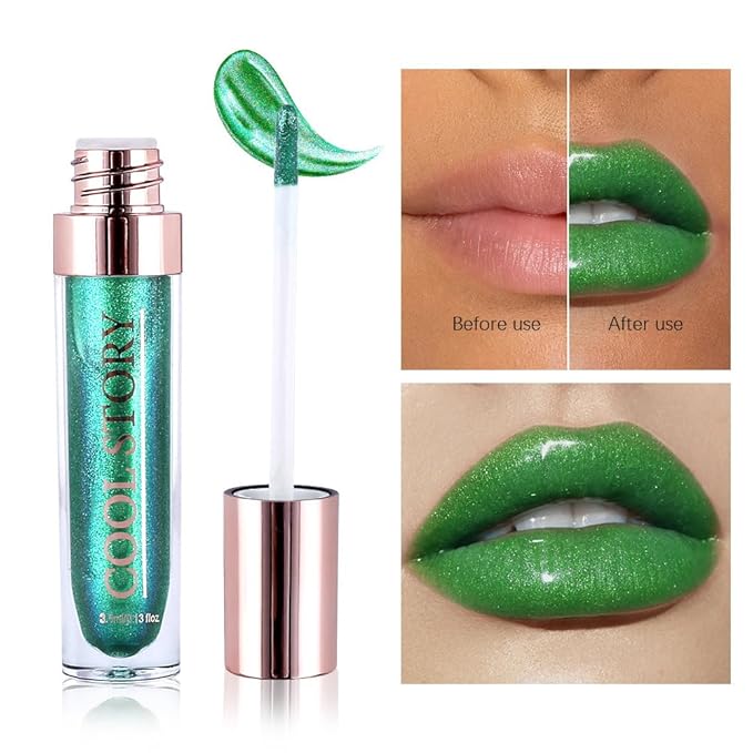 GECOMO Colorful Explosive Pearlescent Lip Gloss 3D Multifunctional Fine Glitter Chameleon Lip Gloss Polarized Diamond Makeup,Magic Big Brush Color Changing Lip Oil(106# COLORFUL GREEN FLASH)-VivaGrace Women