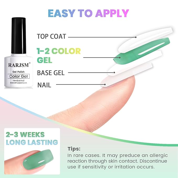 RARJSM Colorful Stained Glass Gel Nail Polish Set 6pcs Clear Crytal Blue Green Yellow Orange Red Neon Pink Series Transparent Sheer Amber Milky Gel Varnish LED UV Curing Requires French Manicure-VivaGrace Women