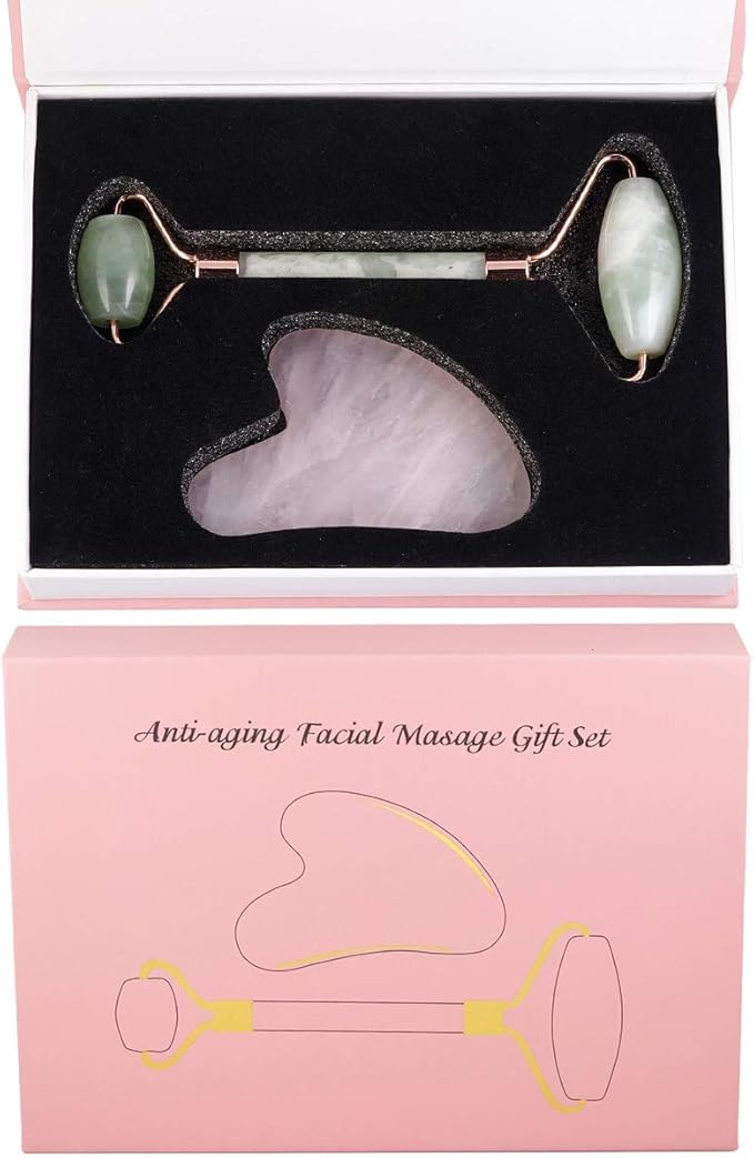Rockcloud Natural Crystal Jade Roller and Gua Sha Scraping Set Massager Tool for Anti Aging Beauty Neck Body Reduce Wrinkles Facial Massager Therapy Xiuyan Jade and Rose Quartz Crystal Stone-VivaGrace Women