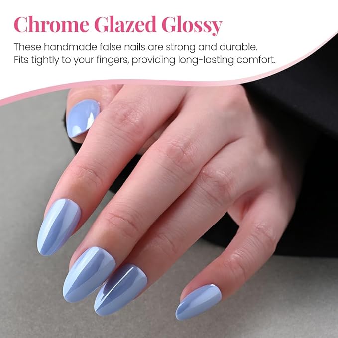 Aurora Chrome Blue Press On Nails Short Almond 30 Pcs, Designer Reusable Acrylic Fake Nails with Glue, Glossy Soft Gel Nails Wedding and Party, Stick On Glue On Nails, Nails fro Women Gift