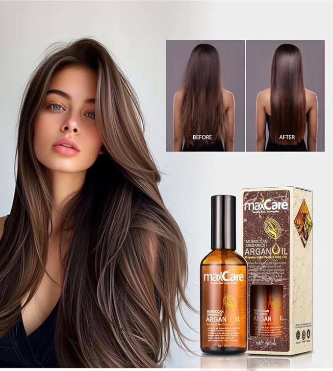 MaxCare Moroccan Argan Oil Hair Serum – Color Protect & Nourishing Treatment for Frizz Control, Shine & Heat Protection, 100ml – Lightweight, Non-Greasy, Sulfate-Free-VivaGrace Women