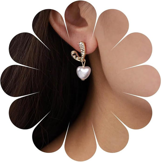 Vintage Crystal Pearl Heart Dangle Earrings Rhinestone Pearl Drop Earrings Gold Cz Pearl Stud Earrings Heart Love Earrings Jewelry for Women-VivaGrace Women