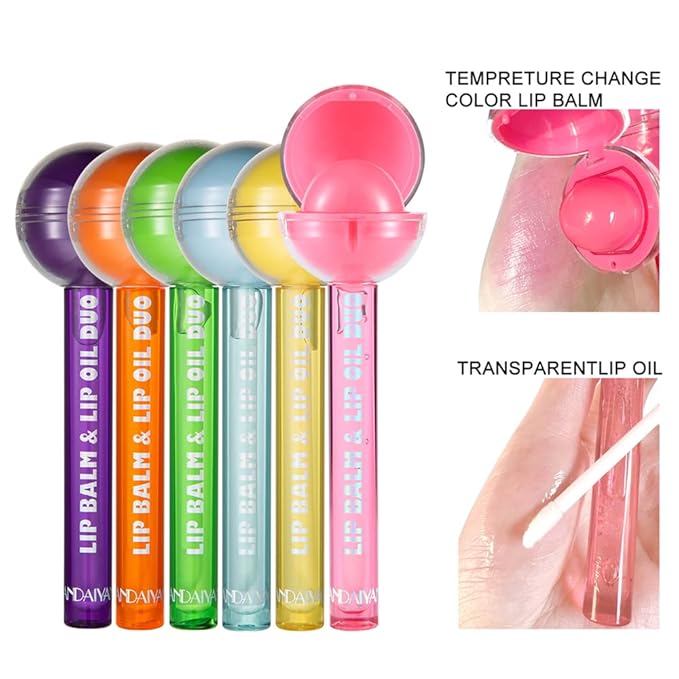 Tinted Lip Balm Lollipop Lip Gloss, Magic pH Color Changing Pink Lipstick & Vitamin E Clear Lip Oil Combo, Hydrating Plumping Lip Care Product for Girls (Green)-VivaGrace Women