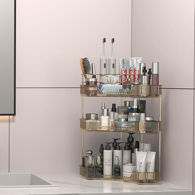 Corner Bathroom Counter Organizer with Top Toothbrush Holders, 3-Tier Make Up Organizers for Vanity with Brush Holder, Corner Storage for Bathroom, Kitchen, Dresser-VivaGrace Women