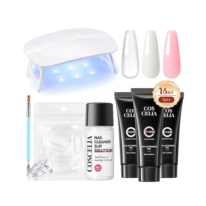COSCELIA Poly Nail Gel Kit Starter Kit with U V Lamp 3PC Coscelia Poly Extension Gel for Beginners Clear Pink White Nail Art Quick Building Gel Manicure Kits Gift for Women DIY at Home-VivaGrace Women