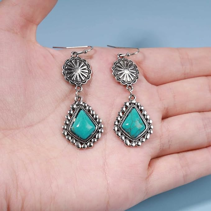 Boho Oval Turquoise Earrings Silver Circle Dangle Drop Earrings Vintage Flower Earrings Tribal Earrings Jewelry for Women and Girls-VivaGrace Women