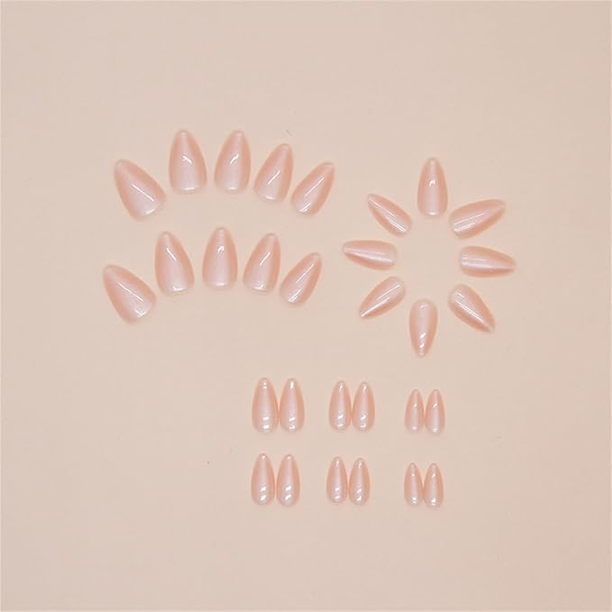 Nude Fake Nails Short Almond Press on Nails with Cat Eye Designs Pearlescent Glue on Acrylic Nails Glossy Full Cover False Nails for Women and Girls