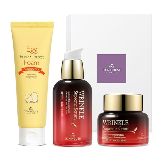 THE SKIN HOUSE Wrinkle Supreme Gift Set l Birthday present , Korean Facial Skin Care Essential for Wrinkles, Fine Lines, Nourishing l Red Ginseng, Adenosine, Ceramide l Facial Cleanser, Serum, Cream-VivaGrace Women