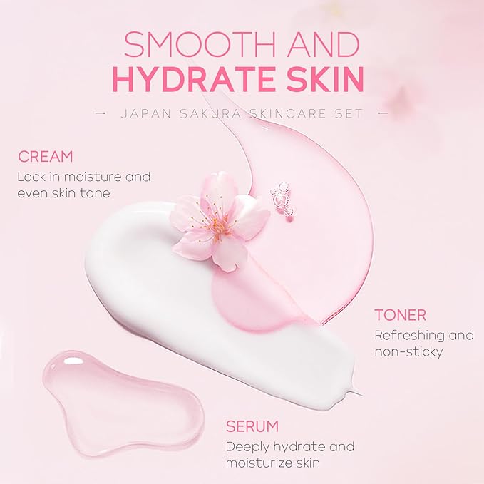 Skin Care Set JAPAN SAKURA Women Beauty Gift Sets Skin Care Kit with Cleanser, Toner, Lotion, Serum, Eye Cream, Face Cream Travel Kit for Women Teen Girls Mom Daughter TSA-friendly Sizes 6pcs-VivaGrace Women