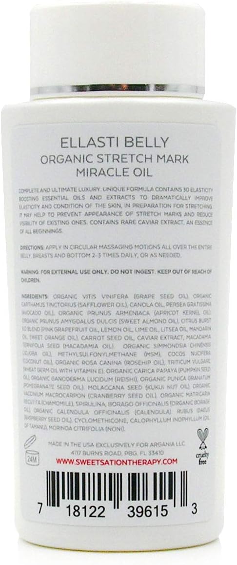 Sweetsation Therapy- Organic EllastiBelly Stretch Mark Miracle Oil, 4oz. Stretch Marks Prevention in Pregnancy With Omega 3,6,9, Vitamins,Amino Acids, 30+ Extracts to Boost Elasticity-VivaGrace Women