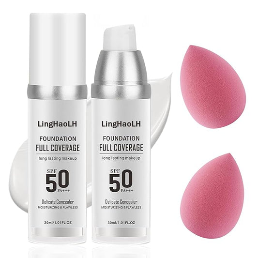 2PCS Color Changing Foundation Makeup Set with 2 Makeup Sponges,Moisturizing Full Coverage Liquid Foundation for Women,Non-greasy Long Lasting Flawless Concealer Cream Makeup Foundation Set-VivaGrace Women