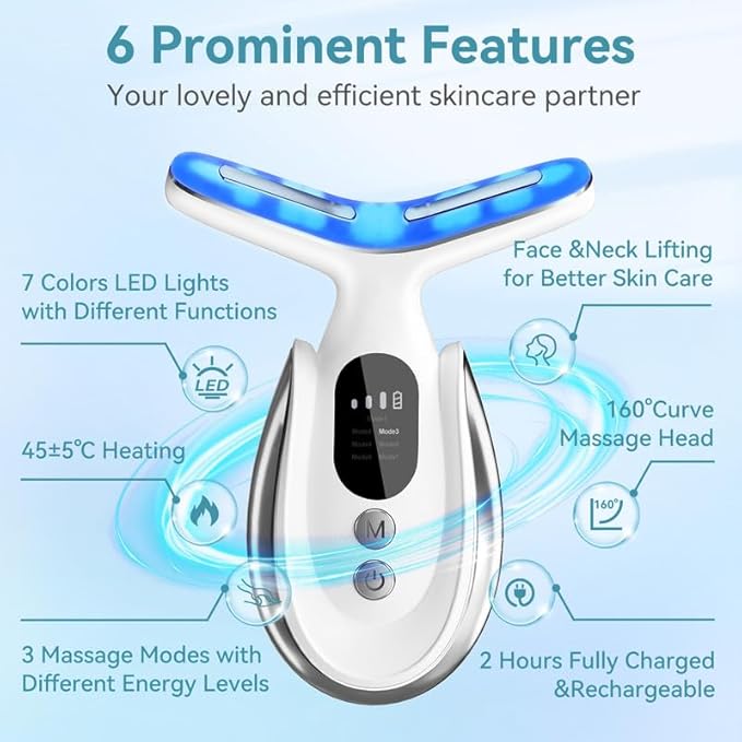 Neck Face Massager, 7-in-1 Portable Facial Massager for Enhanced Face, Neck and Shoulder Care with Vibrating and Warming Function，White