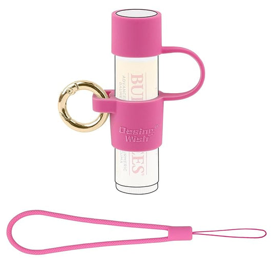 Desing Wish Silicone Lip Balm Holder with Cap Cover Portable Chapstick Holder Keychain Sleeve Lip Balm Key Chain with Key Ring and Wrist Strap Lanyard - Rose-VivaGrace Women