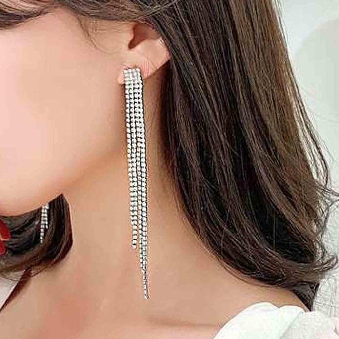 Boho Rhinestone Tassel Earrings Long Fringe Drop Dangle Earrings Silver Crystal Chain Tassel Earrings Vintage Chandelier Chain Studs Earrings Luxury Statement Earrings Jewelry for Women and Girls Gifts-VivaGrace Women