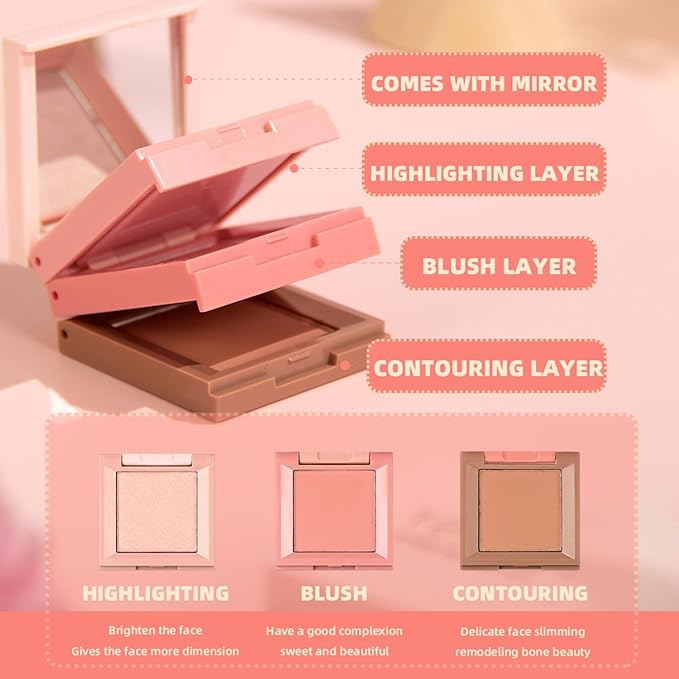 3 in 1 Contour Highlighter Blush Makeup Palette Kit, Matte Shimmer 3 Colors Highlighting Bronzing Blusher Eyeshadow Pallet, Long Lasting Full Face Eyes Contouring Shaping Makeup Set with Mirror-VivaGrace Women