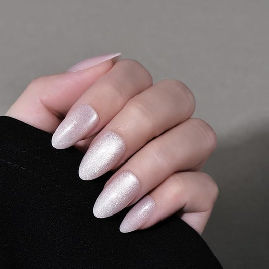 Cat Eye Press on Nails Short Almond, Nude Pink Press on Nails Almond, Fashion Gel Fake Nails, Reusable Acrylic Fake Nails, Glossy Stick on Nails for Women, Glue on Nails Kit, Nebula Blush