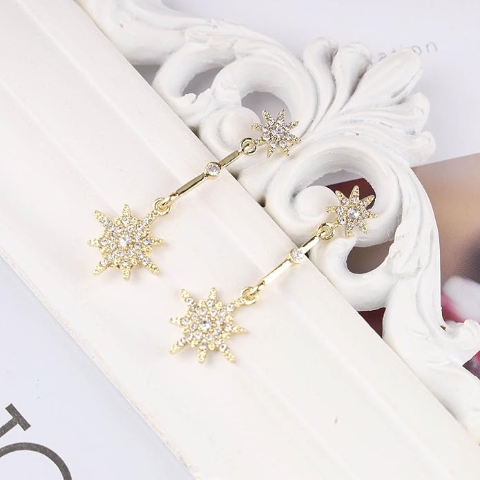 Vintage Crystal Starburst Drop Earrings Long Rhinestone Northstar Earrings Gold Cz Star Dangle Earrings Cz North Star Stud Earrings Jewelry for Women-VivaGrace Women