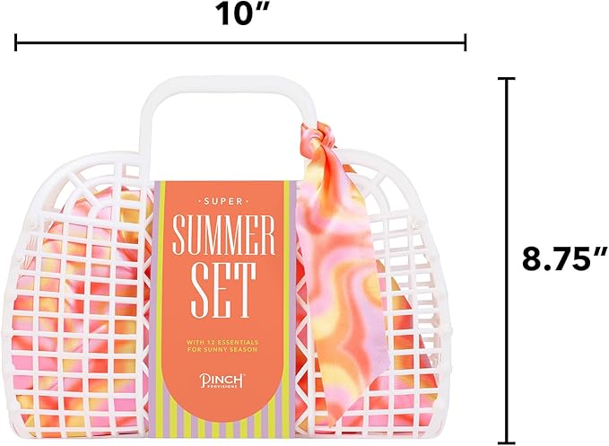 Pinch Provisions Super Summer Jelly Tote, 12 Beach & Poolside Accessories For Beauty, Perfect for Pool & Beach Days, Includes Oil Absorbing Roller, Rechargable Fan, Towel Clips, & Ice Roller-VivaGrace Women