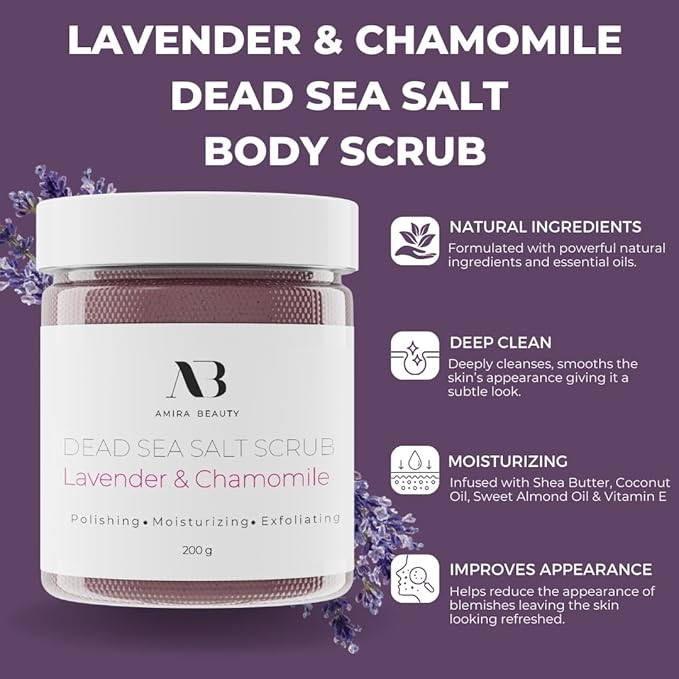Amira Beauty Dead Sea Salt Body Scrub | Lavender & Chamomile | Foaming Shower Scrub with Organic Essential Oils | Exfoliates and Moisturizes Skin | 7 OZ-VivaGrace Women