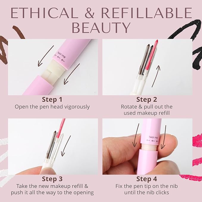 YazzBeauty - 4 in 1 Makeup Touch Up Pen with Hot Pink Lip Liner, Black Eyeliner, Dark Brown Eyebrow Pencil, and Shimmer White Highlighter, Compact Beauty Pen, Smudge Proof, Vegan, Cruelty-Free