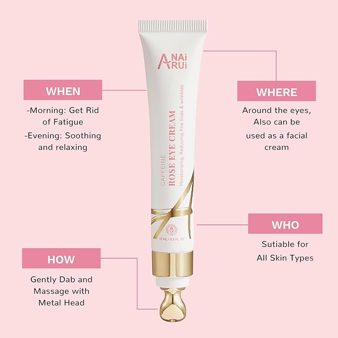 ANAI RUI Rose Caffeine Eye Cream for Dark Circles, Under Eye Serum for Puffiness Bags, Anti-Aging Eye Cream with Retinol, Collagen, Hydrating, Firming, Reduce Wrinkles and Fine Lines Daily 0.5 FL OZ-VivaGrace Women