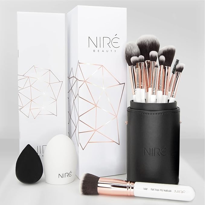 Niré Beauty White 15piece Award Winning Professional Makeup Brush Set: Vegan Makeup Brushes with Case, Makeup Sponge, Cleaner, Guide, Gift Box-VivaGrace Women