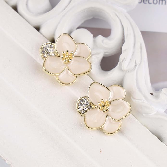 Vintage Enamel Flower Stud Earrings Camellia Flower Earrings Gold Crystal Flower Petal Earrings White Petal Stud Earrings Jewelry for Women-VivaGrace Women