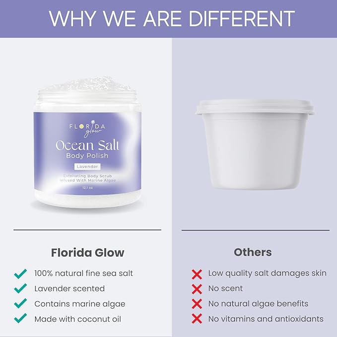 Sea Salt Body Scrub by Florida Glow - Ocean Salt Body Polish Infused with Marine Algae - Exfoliating Face and Body Scrub - to Tackle Acne and Scars for Smooth Soft Skin (Lavender, 12.1 oz)-VivaGrace Women