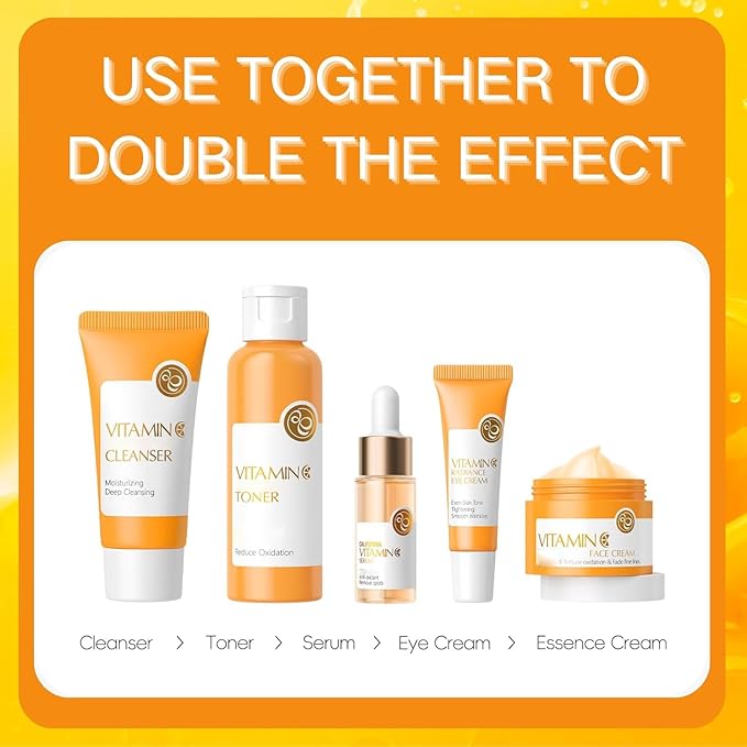 Vitamin C Skincare Set, 5Pcs Skincare Gift Set With Cleanser, Toner, Face Serum, Face Cream, And Eye Cream, Facial Kit for Women, 5-In-1 Skin care Gift Set, Moisturizing Skincare Set For Women Men-VivaGrace Women