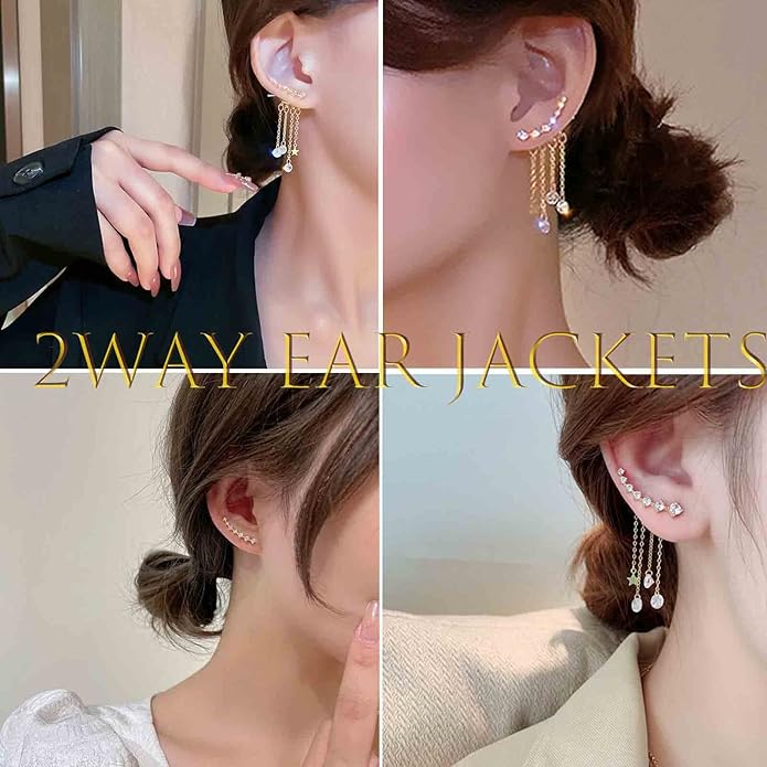 Boho Star Ear Jacket Earrings Gold Cz Star Ear Climber Earrings Crystal Chain Tassel Earrings Crystal Ear Crawler Long Chain Earrings Jewelry for Women and Girls Gifts-VivaGrace Women