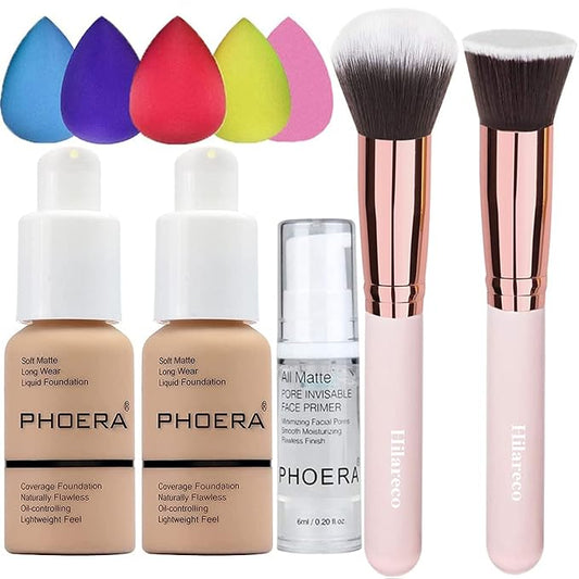 2 Pack PHOERA Foundation Buff Beige 104 and Face Primer,Liquid Full Coverage Foundation Set,Foundation Brush Powder Brush,5 Makeup Sponge,24HR Matte Oil Control Concealer (104- Buff Beige)-VivaGrace Women