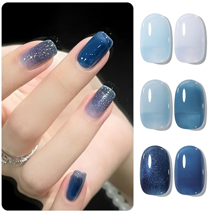 BORN PRETTY Jelly Blue Gel Nail Polish Set 6 Colors Translucent Light Blue Baby Blue Royal Blue Reflective Glitter Blue Nail Gel Kit Soak Off Nail Art Manicure Design Home Salon Holiday Gift-VivaGrace Women