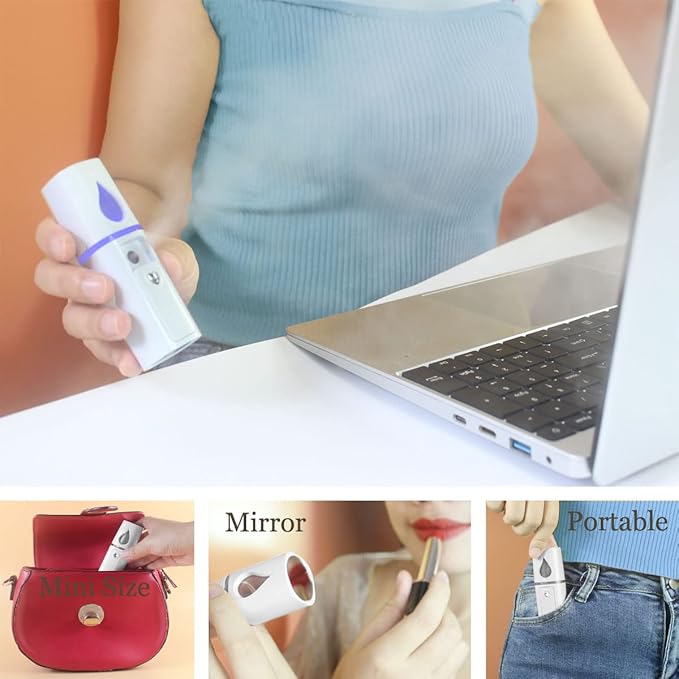 Nano Facial Mister Portable Mist Sprayer with Mirror Mini Cool Mist Spray for Skin Care & Facial Body Moisturized & Eyelash Extensions, USB Rechargeable (White)-VivaGrace Women