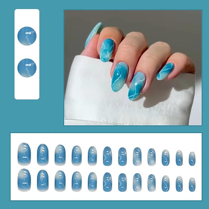 Blue Press on Nails Medium Length Almond Fake Nails Blue Gradient Marble Glue on Nails Summer Acrylic Nails Glossy False Nails Reusable Artificial Stick on Nails for Women Girls Manicure 24Pcs