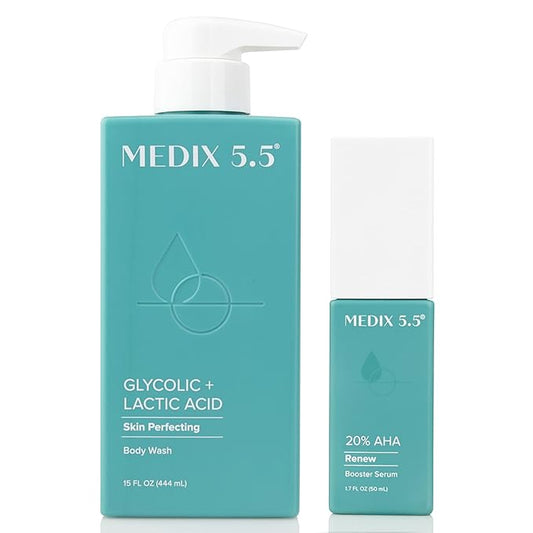 Medix 20% Glycolic Acid Booster + Exfoliating Body Wash Cleanser Skin Care 2PC Set | AHA Exfoliant Body Wash + Body Serum Both Refine + Soften Dead Dry Skin, Bumps, Wrinkles, & Fine Lines, Bundle-VivaGrace Women
