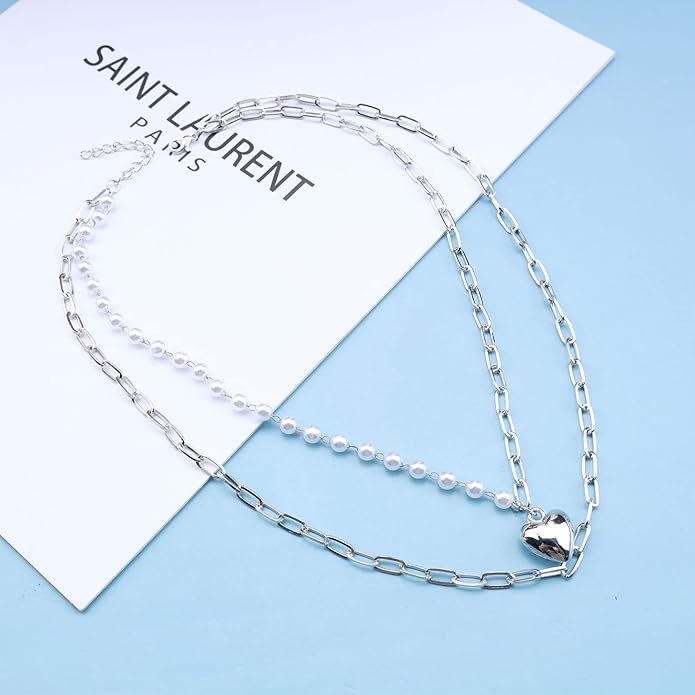 Boho Layered Pearl Choker Necklace Chain Vintage Gold Heart Pendant Cuban Chain Necklace Rock Statement Pearl Heart Necklace Asymmetrical Pearl Strand Necklace Jewelry for Women and Girls-VivaGrace Women