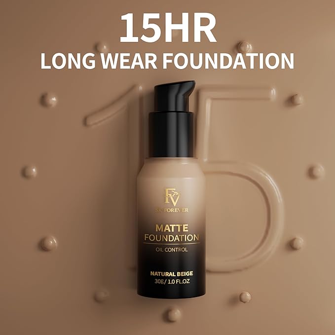 FV Full Coverage Liquid Foundation, Lightweight & Concealing, Long Lasting Matte Foundation Makeup with Flawless Finish, Oil Control Waterproof Foundation for Oily Skin (Natural Beige Matte)-VivaGrace Women