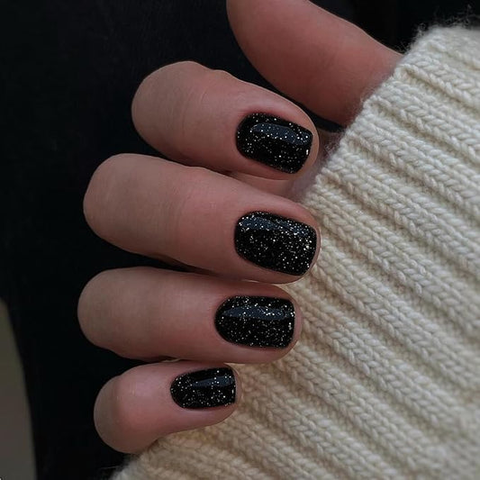 KQueenest Black Glitter Press on Nails Short Nails Glue On, Sparkle Bling Fake Nails Short, Cute Acrylic Nails Press ons, Luxury Shiny Stick on Nails For Women Festival Decoration in 24 Pcs