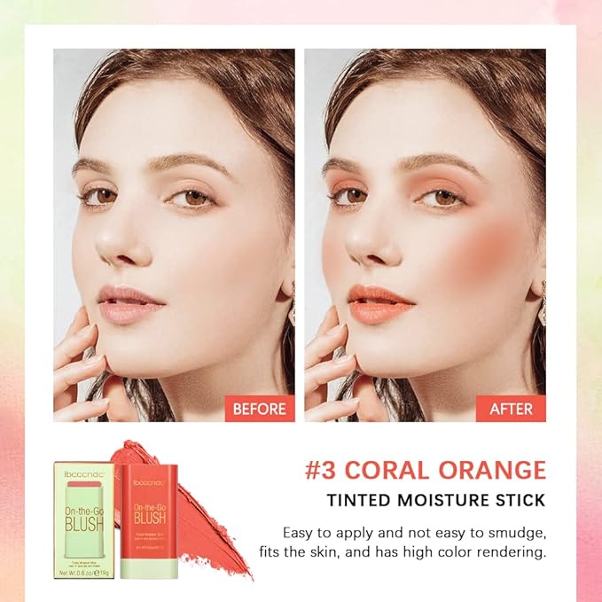 Blush Stick Matte Finish Waterproof Long Lasting Pink Red Cheek Lip Make-up Multi Lip Tint Stick Highlighter High Pigment Rouge Blush for Women Lady Daily Lip Cheek Make (3#coral orange)-VivaGrace Women