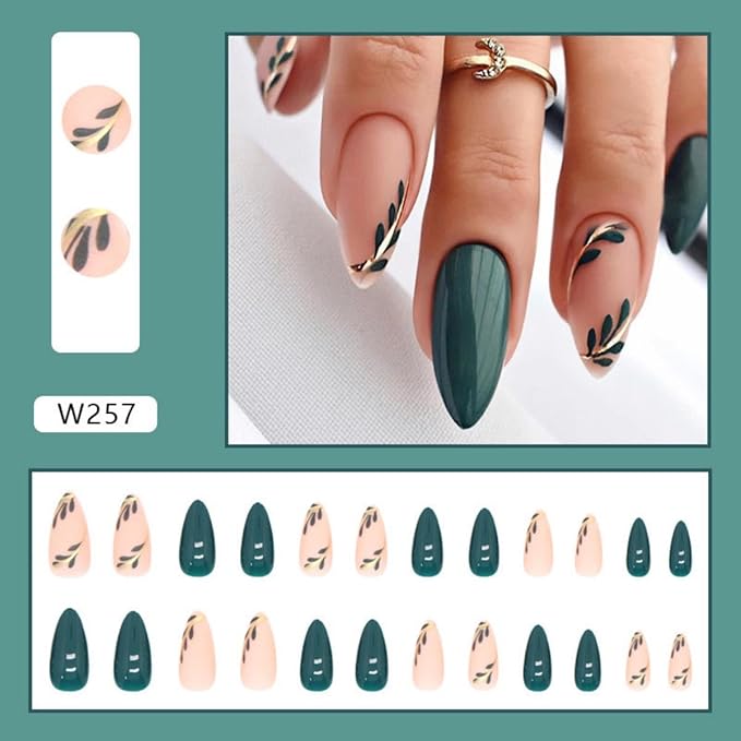 Green Press on Nails Gold Medium Almond Fake Nails Green Leaf Glue on Nails Glossy Spring Nails Artificial Acrylic Nails Press on Reusable Summer False Nails for Women Girls Manicure 24pcs