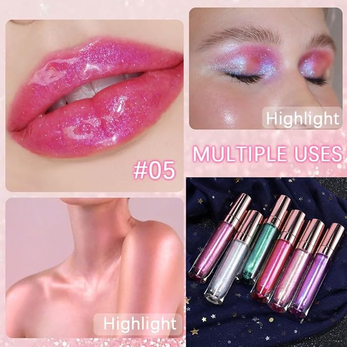 GECOMO Colorful Explosive Pearlescent Lip Gloss 3D Multifunctional Fine Glitter Chameleon Lip Gloss Polarized Diamond Makeup,Magic Big Brush Color Changing Lip Oil(105# BLUISH PURPLE FLASH)-VivaGrace Women